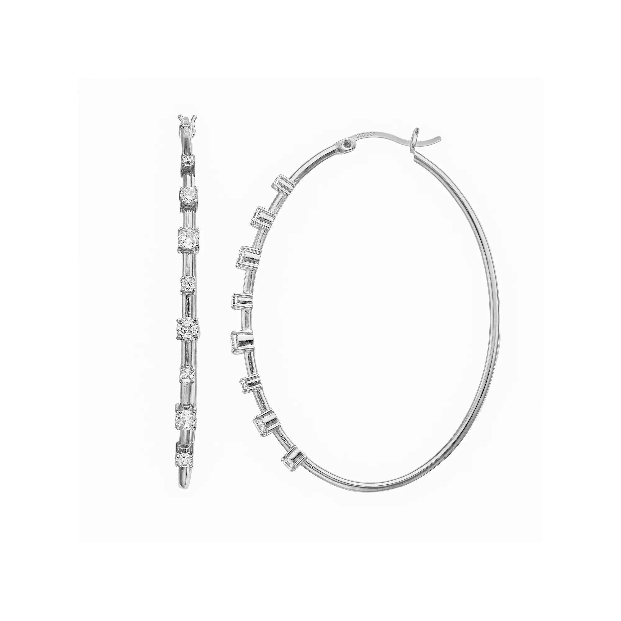 Cubic Zirconia Oval Hoop Earrings, Women's, Silver Tone Product Image