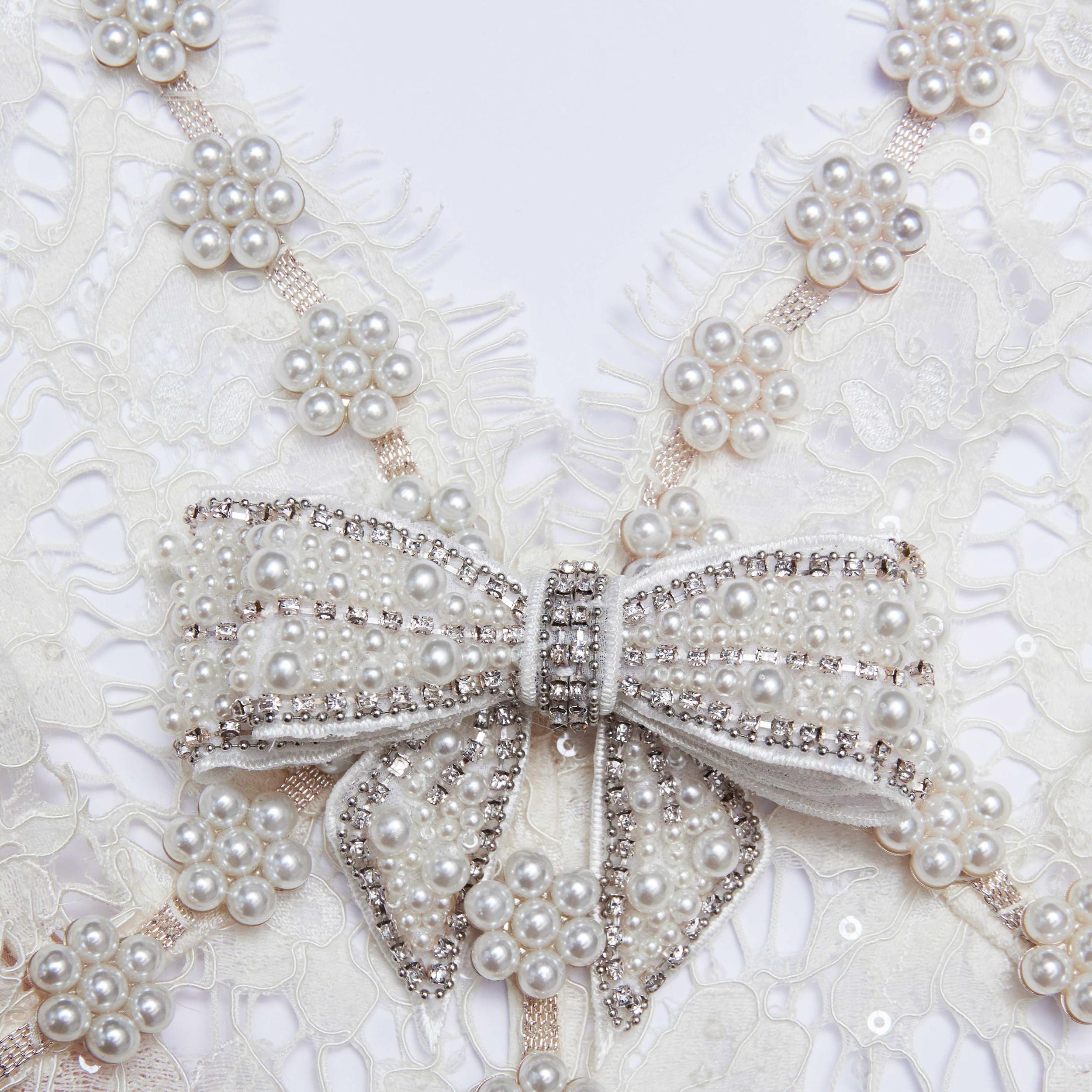 Cream Fine Lace Pearl Midi Dress Product Image