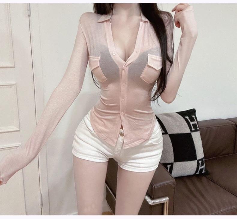 Long-Sleeve Plain Pocket Detail Sheer Slim Fit Shirt Product Image