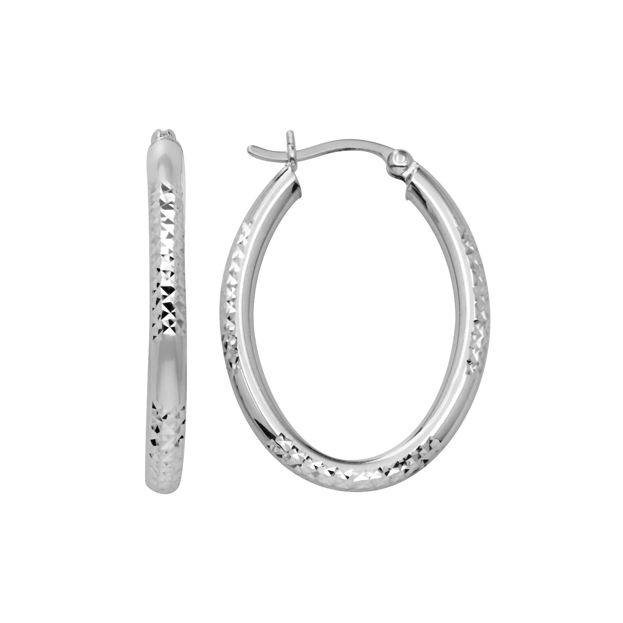 Platinum Over Silver Oval Hoop Earrings, Women's, White Product Image