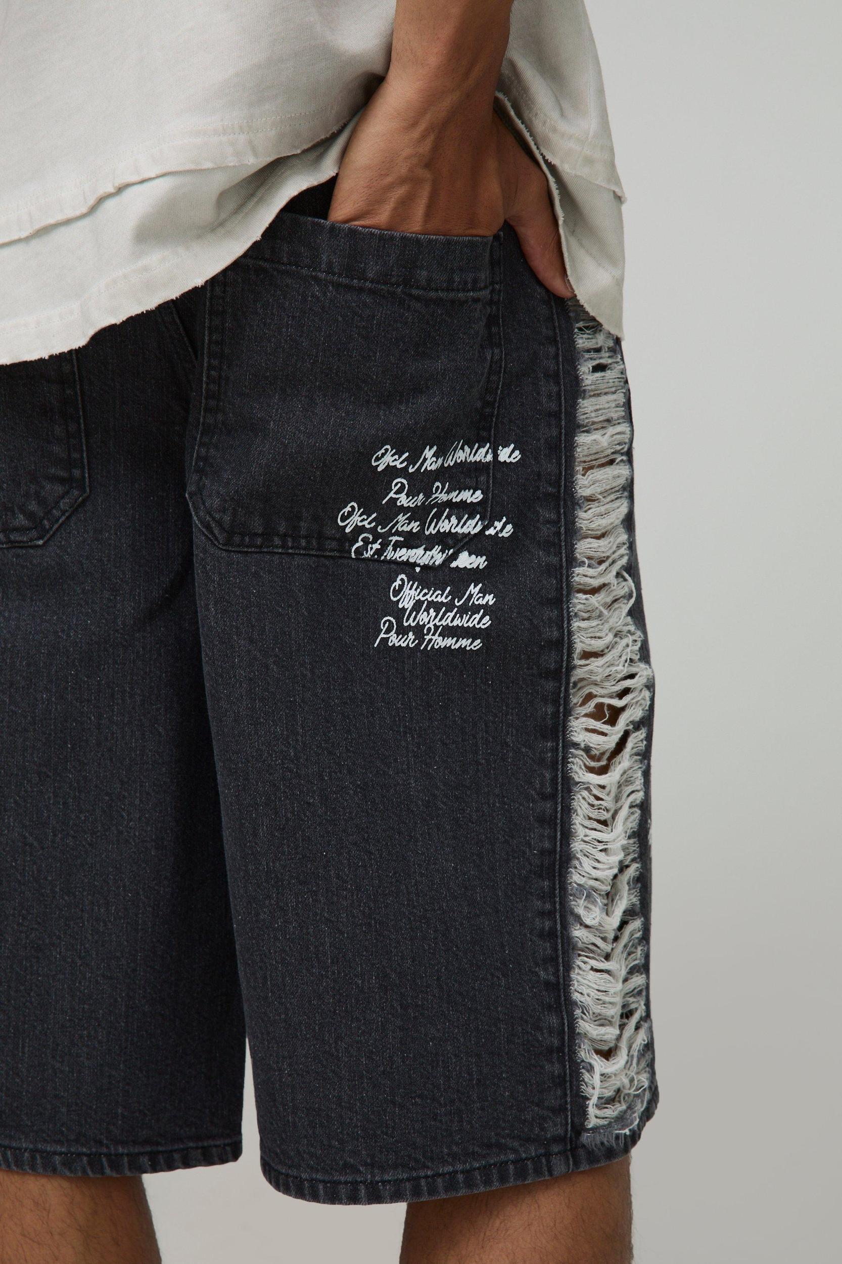 Longline Rigid Printed Distressed Gusset Jorts In Charcoal | boohooMAN USA Product Image