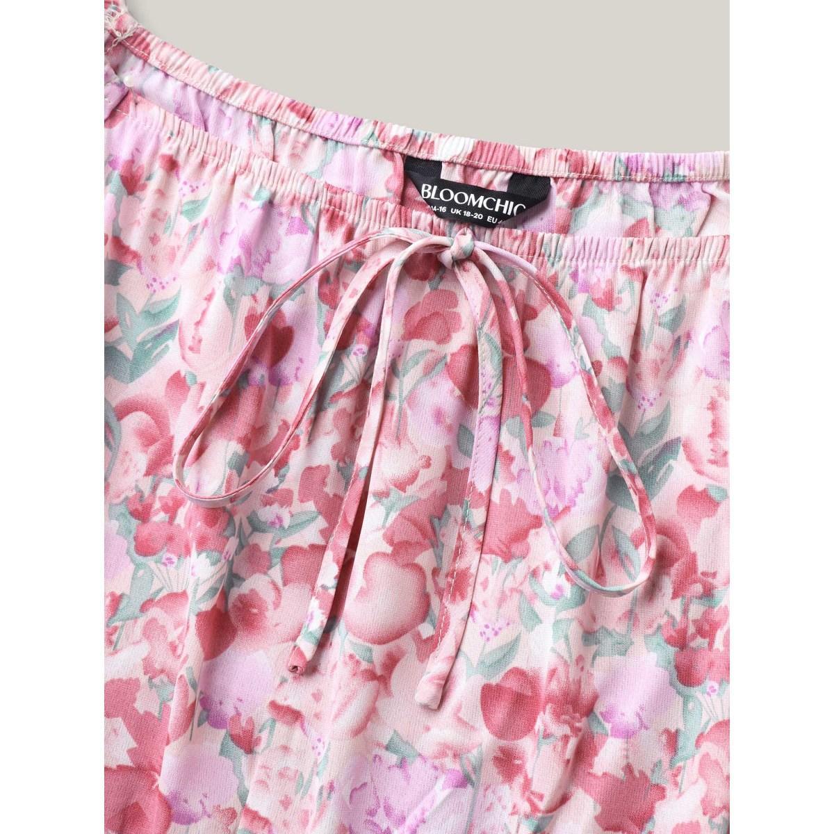 Plus Size Floral Print Shirred Waist Pockets Midi Dress Blush Women Elegant Tie knot Square Neck Half Sleeve Curvy BloomChic 30/6X Product Image