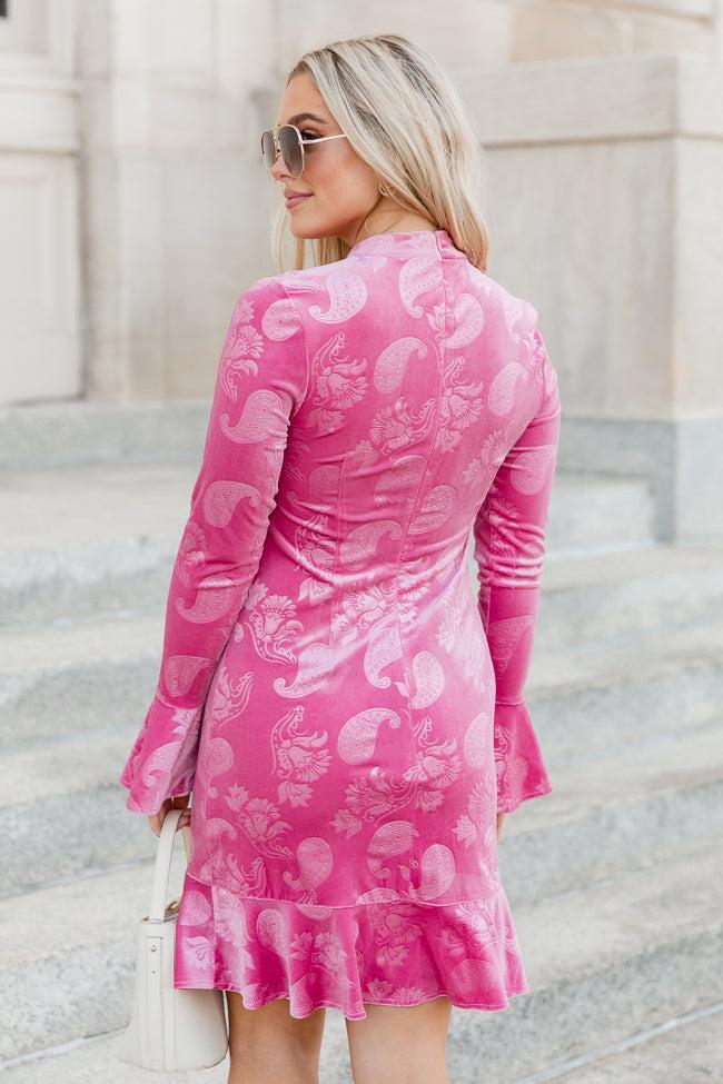 All Is Calm Pink Paisley Velvet Printed Ruffle Trim Mini Dress FINAL SALE Product Image