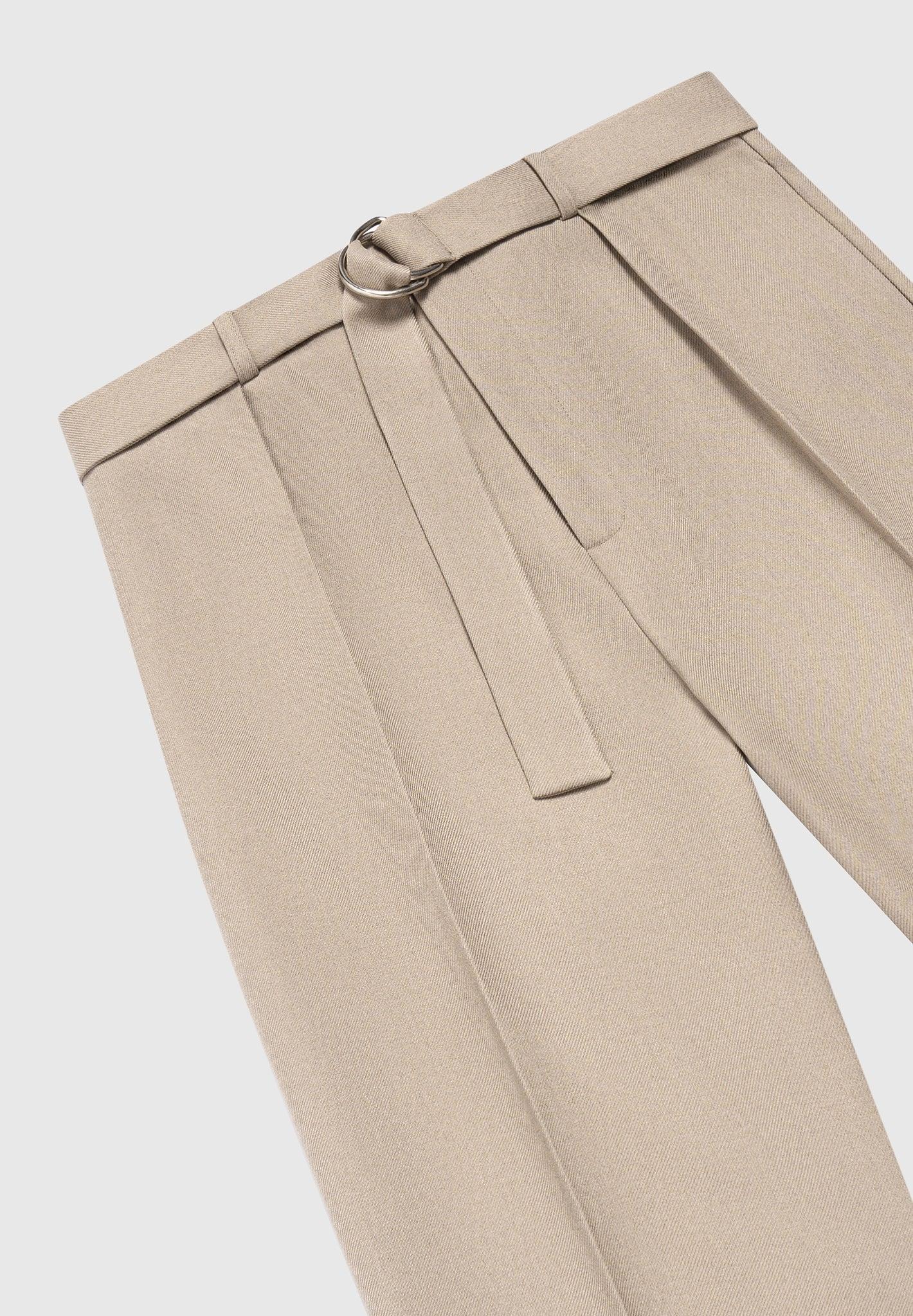 Relaxed Fit Textured Belted Tailored Trousers - Beige Male Product Image