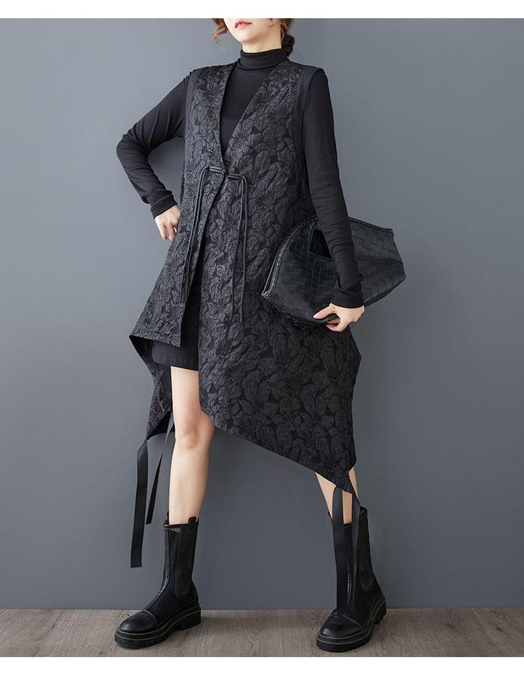 V-Neck Floral Jacquard Asymmetrical Frog Buttoned Long Vest Product Image