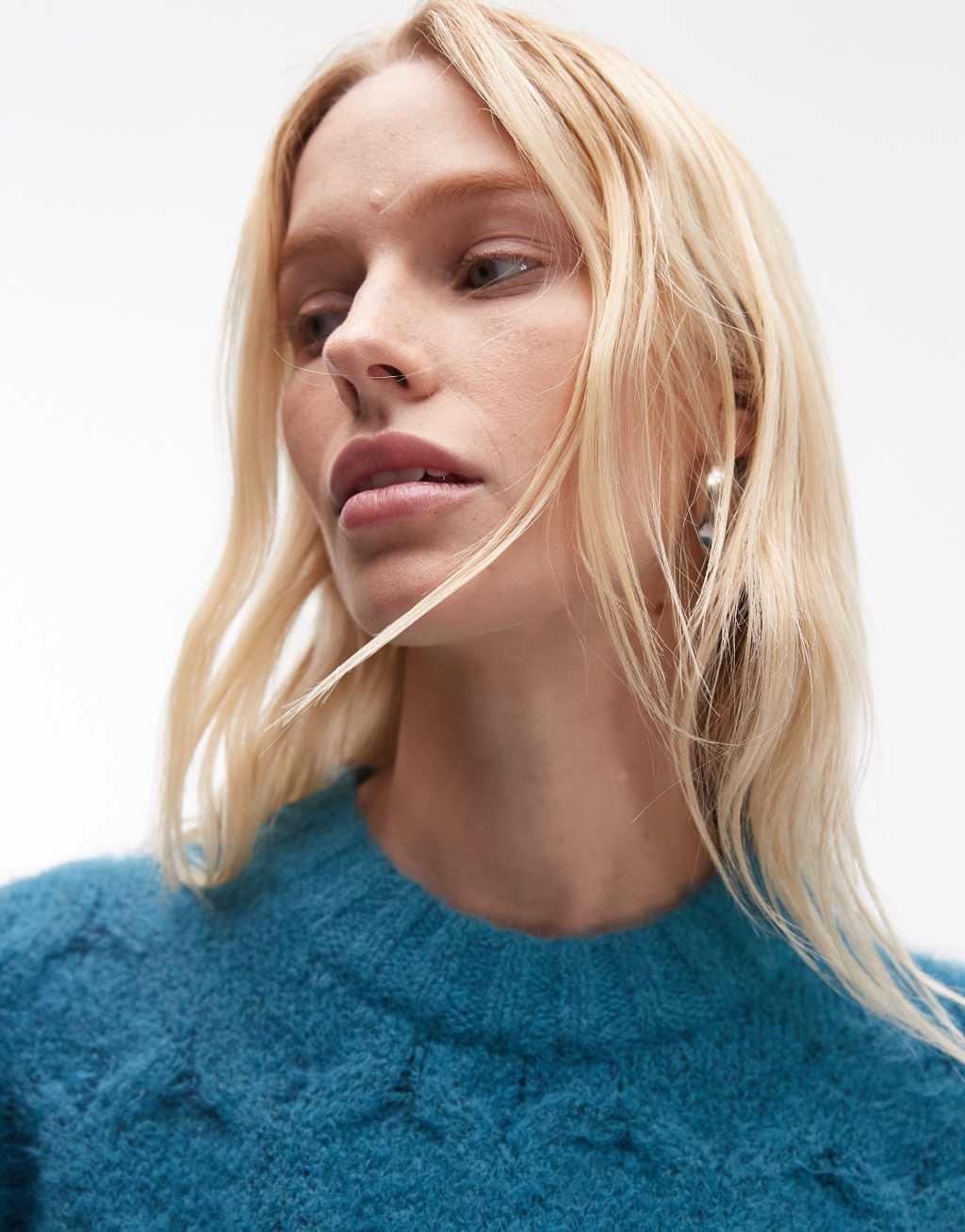 Topshop knitted cable stitch sweater in teal Product Image