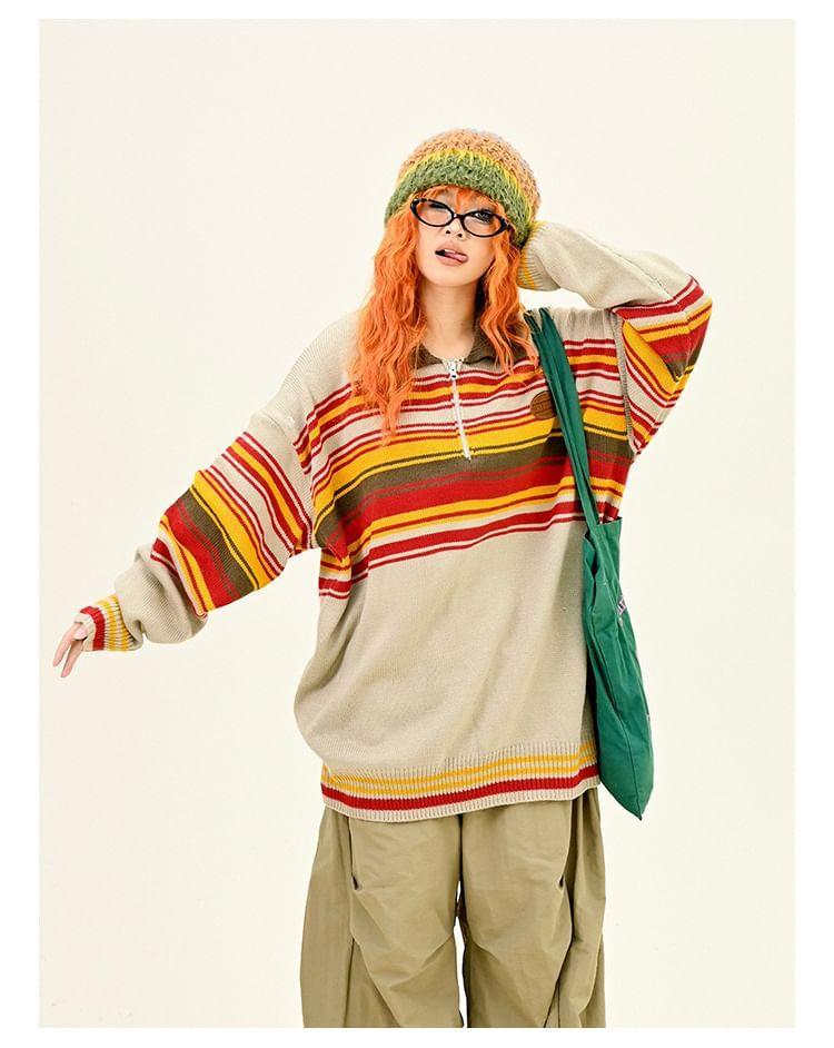 Drop Shoulder Polo Collar Striped Oversized Sweater Product Image