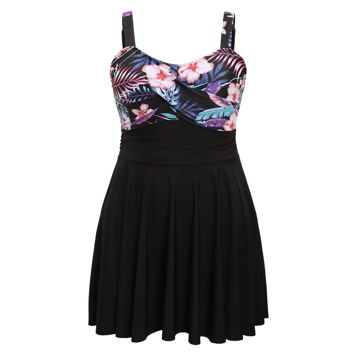 Plus Size Floral Patchwork Flutter Hem Empire Waist Swim Dress Women's Swimwear Black Vacation Bodycon Spaghetti Strap High stretch Curve Swim Dresses BloomChic 14-16/1X Product Image