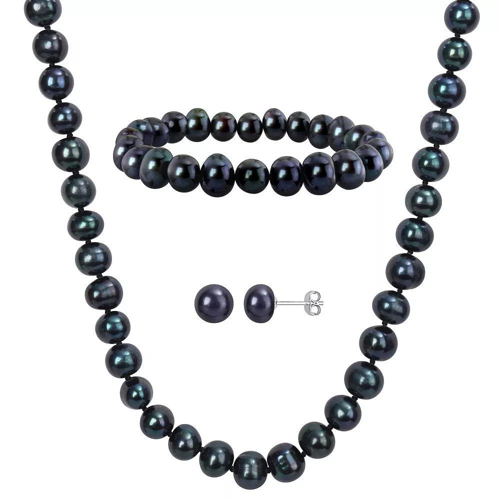 Stella Grace Black Freshwater Cultured Pearl Necklace, Stretch Bracelet & Stud Earrings 3-piece Set, Women's, Size: 18", Sterling Product Image