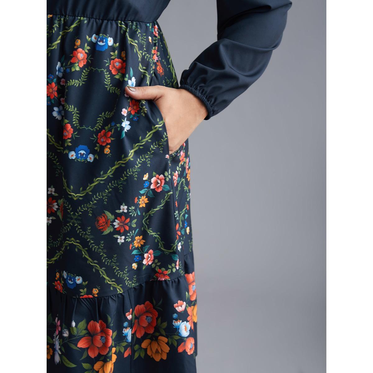 Plus Size Floral Printed Heart neckline Lantern Sleeve Dress DarkBlue Women Elegant Patchwork Heart neckline Long Sleeve Curvy BloomChic 10/M Product Image
