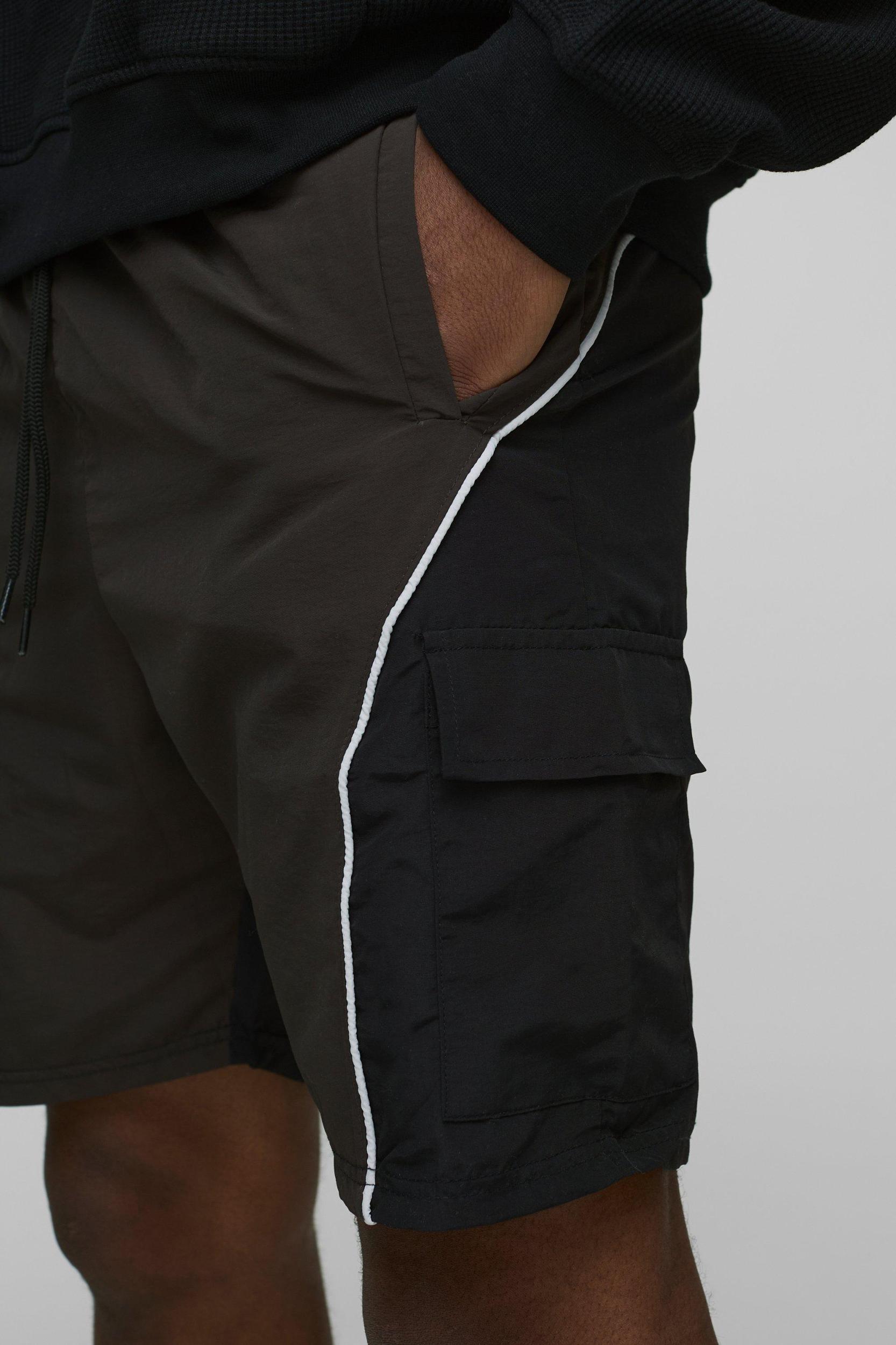 Elasticated Waist Nylon Colourblock Slim Fit Mid Length Shorts | boohooMAN USA Product Image