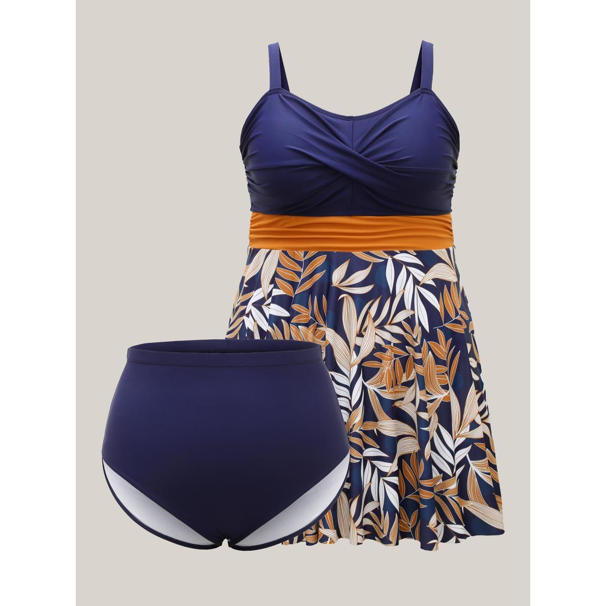 Plus Size Tropical Flower Color Block Swim Dress Women's Swimwear Indigo Beach Bodycon Heart neckline High stretch Curve Swim Dresses BloomChic 22-24/3X Product Image