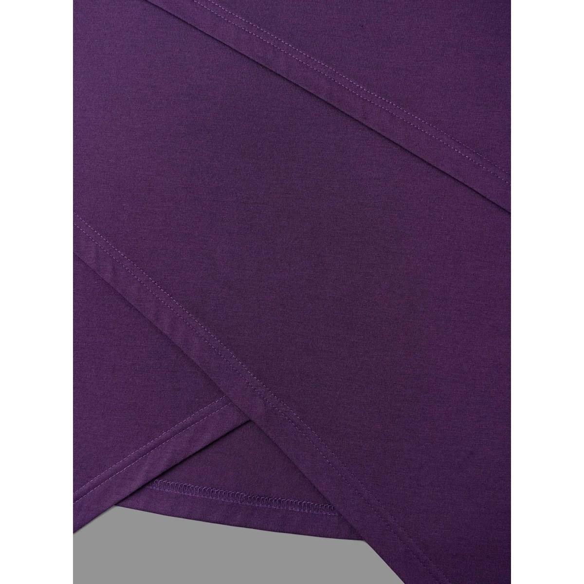 Plus Size Asymmetrical Hem Overlap Long T-shirt Eggplant Women Elegant Tucked seam Round Neck Loose Everyday T-shirts BloomChic 12/L Product Image