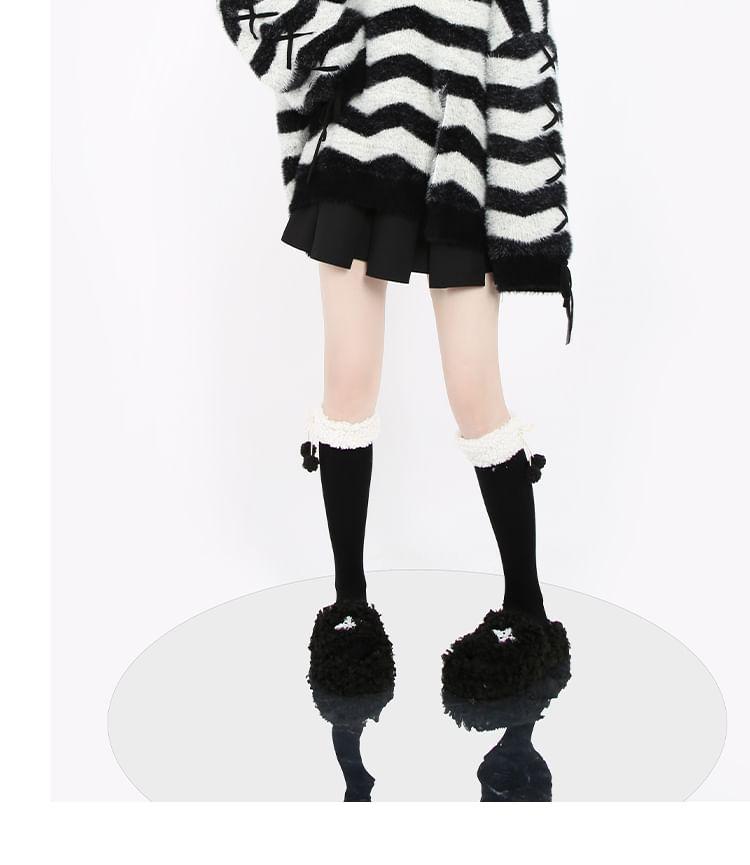 V-Neck Striped Lace-Up Slit Oversized Sweater Product Image