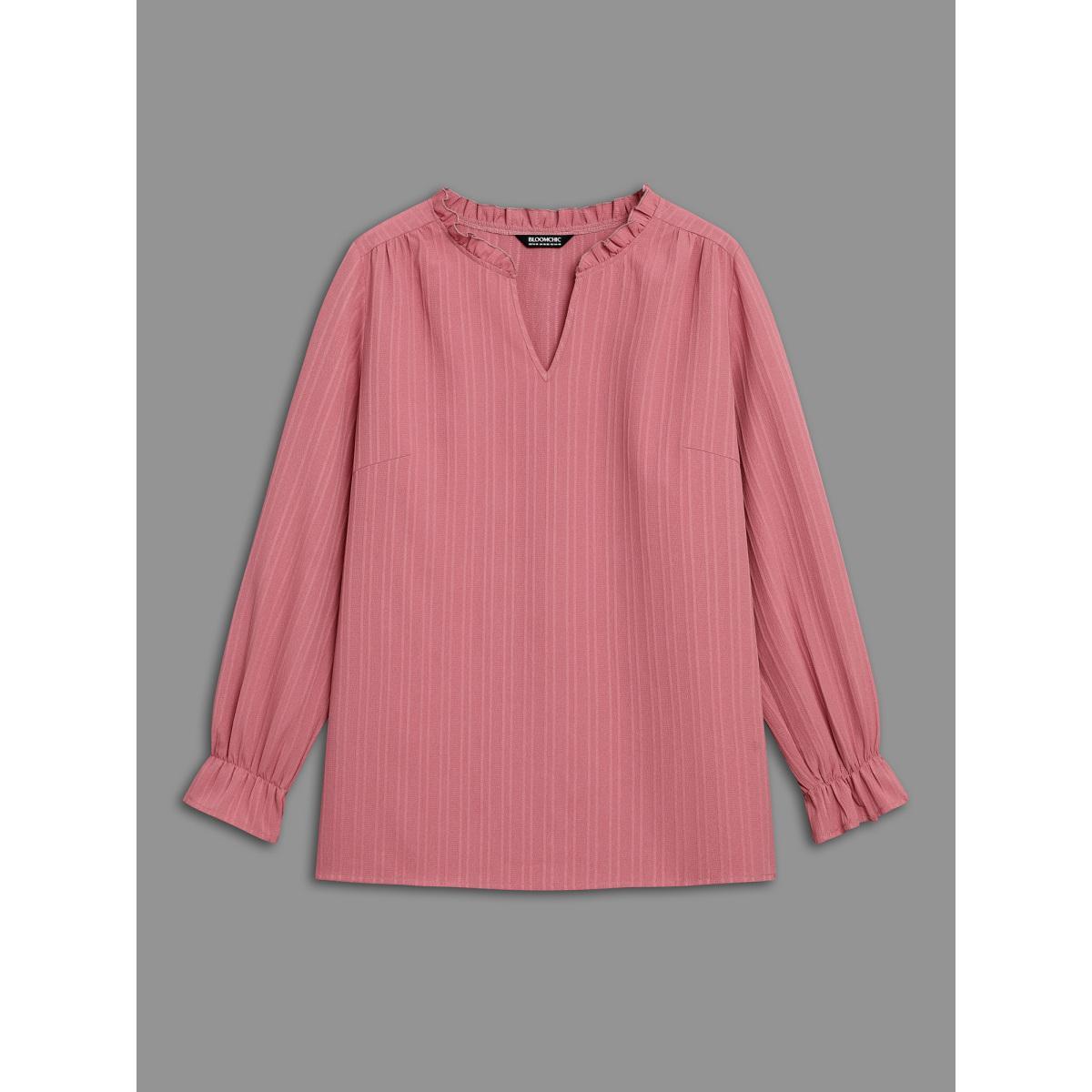 Plus Size DustyPink V Neck Frill Trim Textured Blouse Women Elegant Extra Long Sleeve V-neck Everyday Blouses BloomChic 18-20/2X Product Image
