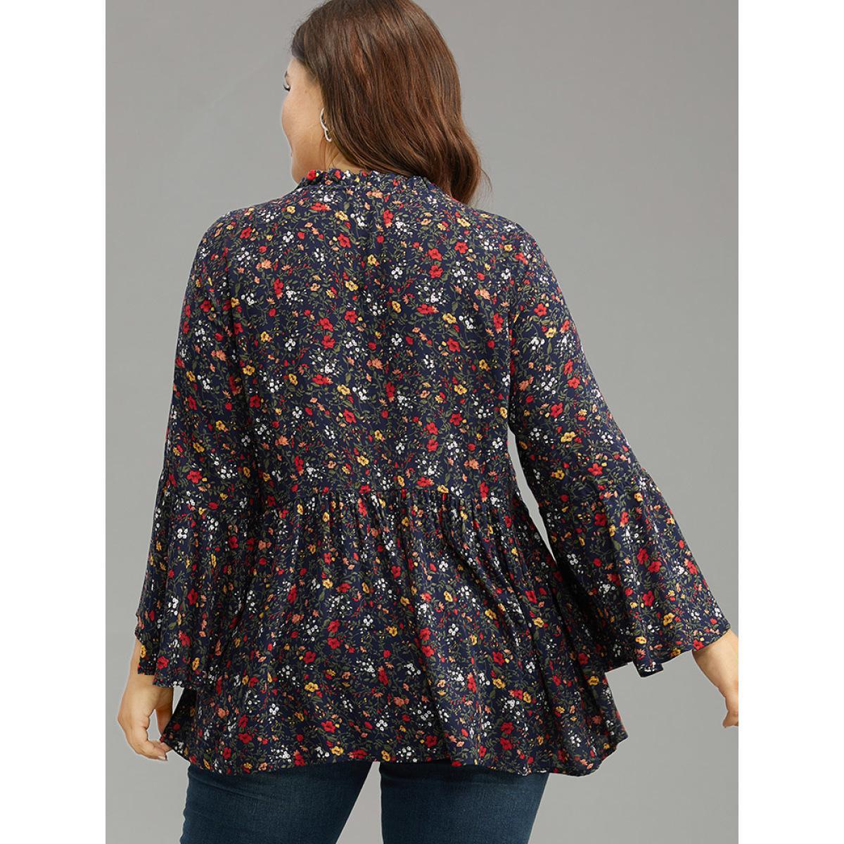 Plus Size Indigo Floral Tie Neck Frill Trim Bell Sleeve Blouse Women Elegant Long Sleeve Tie Neck Dailywear Blouses BloomChic 10/M Product Image