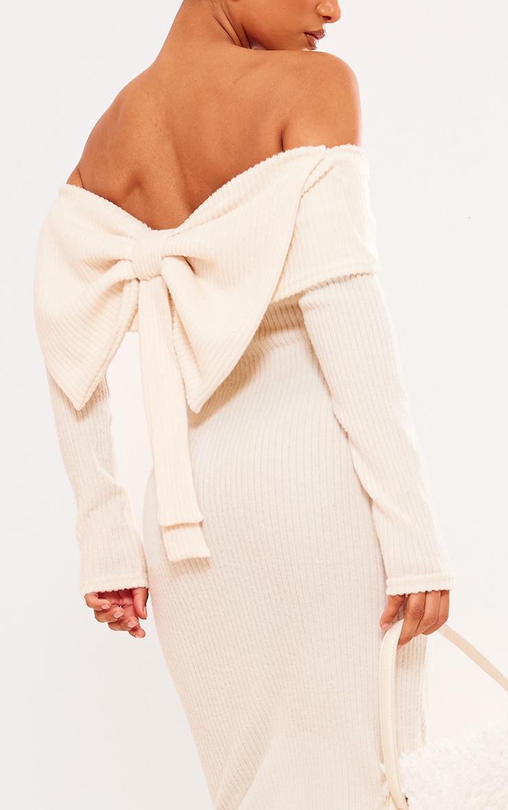 Cream Brush Rib Bow Detail Midi Dress Product Image