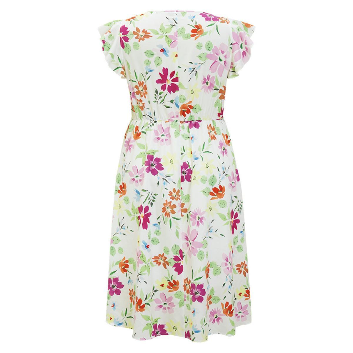 Plus Size Floral Knot Neck Pocket Cap Sleeve Ruffle Trim Dress Multicolor Women Elegant Knotted V-neck Cap Sleeve Curvy Midi Dress BloomChic 26/4X Product Image