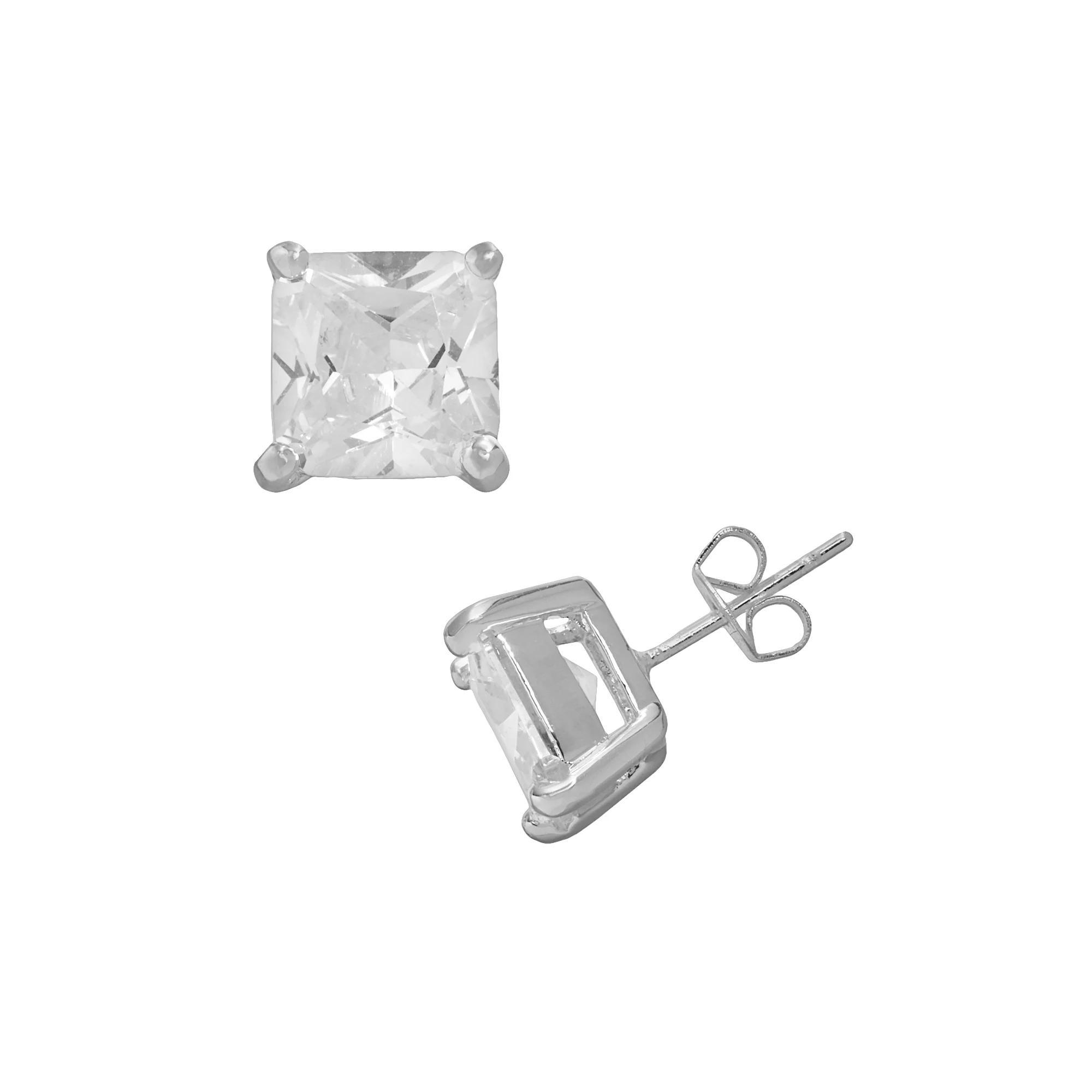 Silver Plated Cubic Zirconia Square Stud Earrings, Women's, White Product Image