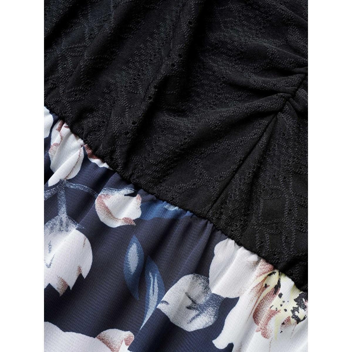 Plus Size Chiffon Floral Patchwork Ruched Hollow Out Dress DarkBlue Women Elegant Non Square Neck Short sleeve Curvy Midi Dress BloomChic 26/4X Product Image
