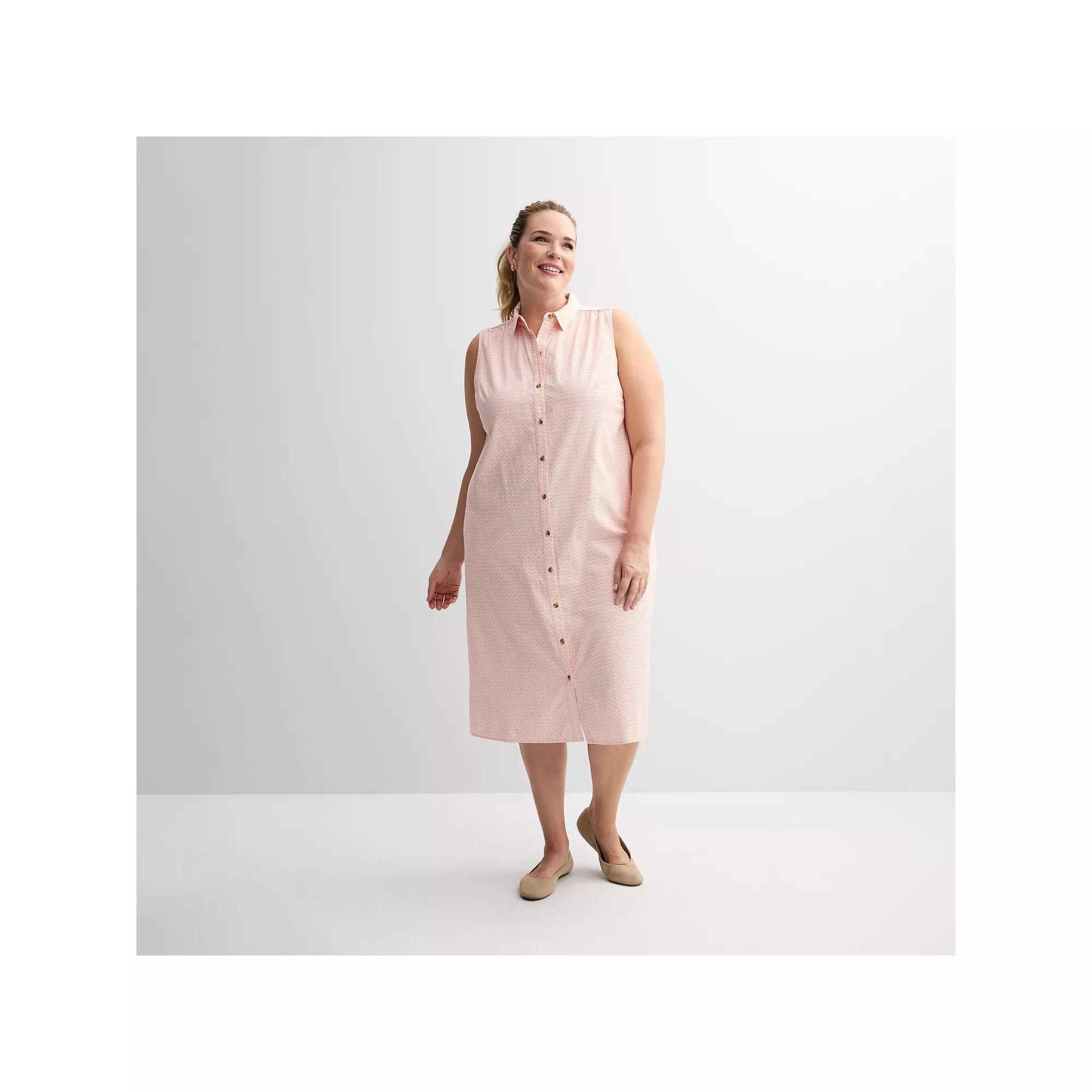 Plus Size Croft & Barrow® Sleeveless Collared Midi Shirt Dress, Women's, Size: 1XL, White Pink Tiny Geo Product Image