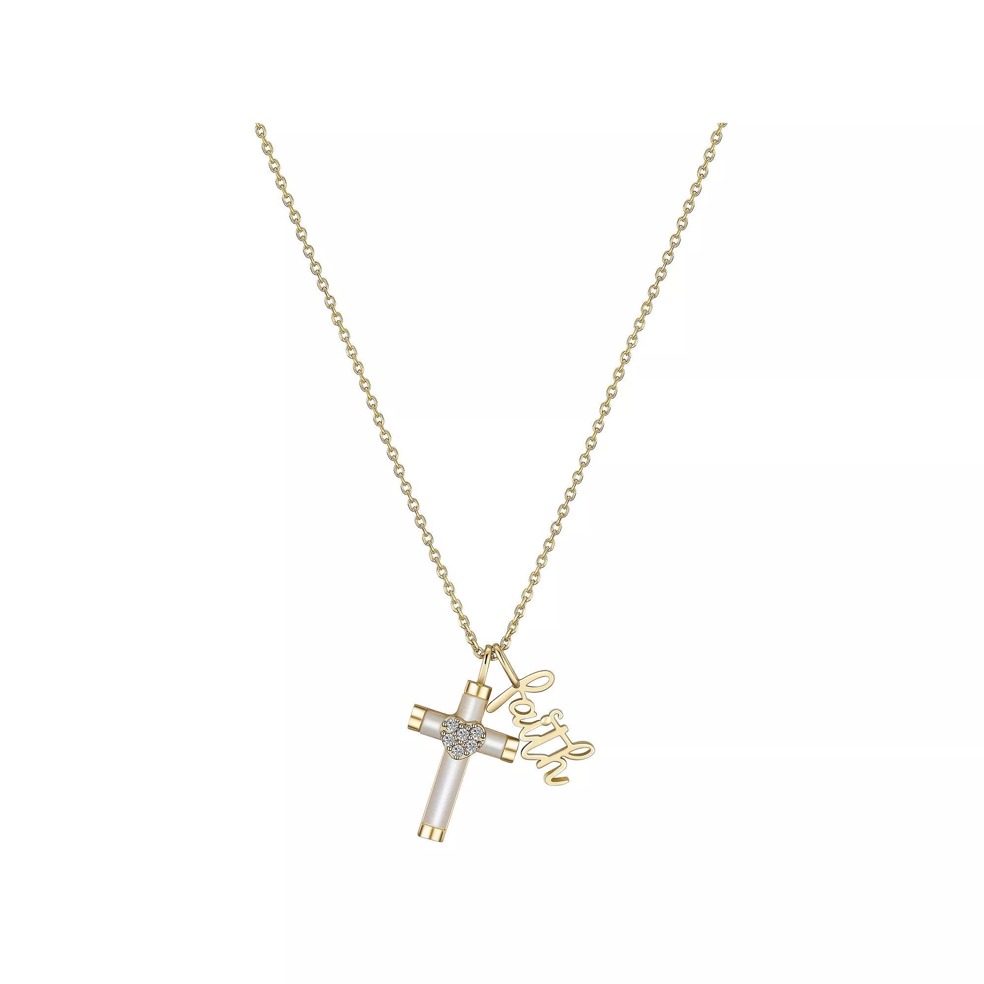 Gratitude & Grace 14k Gold Plated Mother of Pearl and Cubic Zirconia Cross "Faith" Pendant Necklace, Women's, Size: 18", Gold Tone Product Image