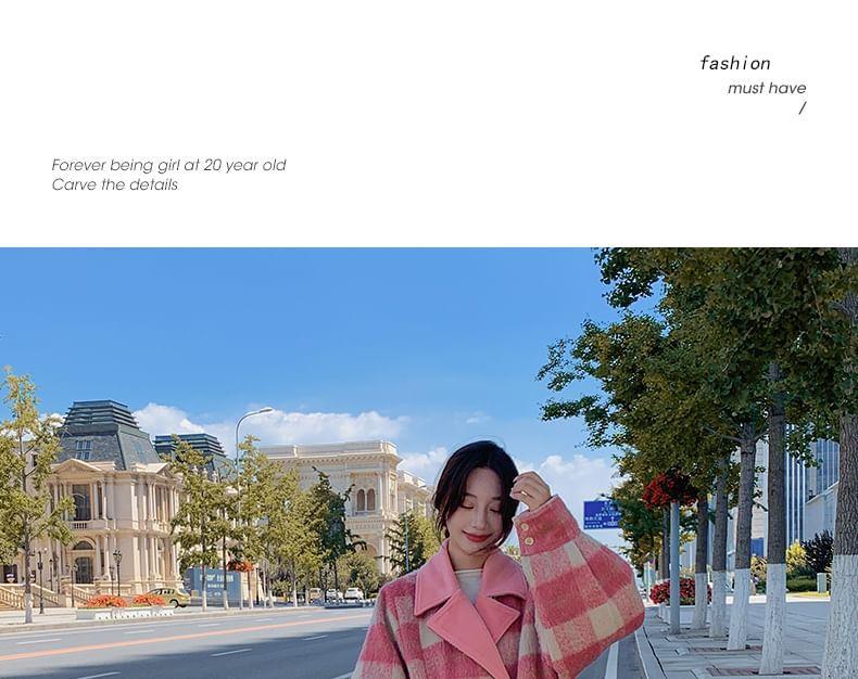 Lapel Collar Plaid Tie Waist Long Coat Product Image