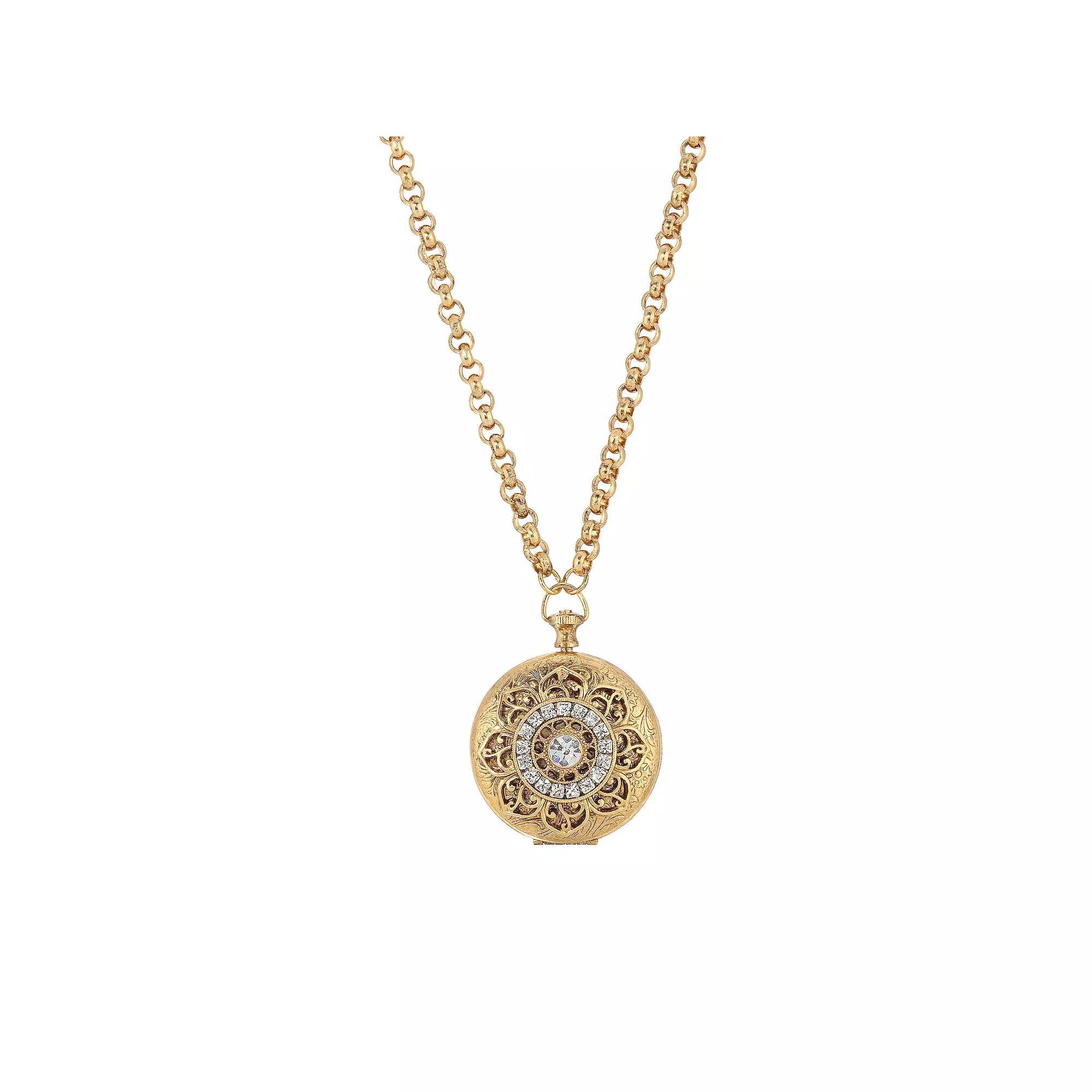 1928 Gold Tone Simulated Crystal Locket Necklace, Womens, White Product Image