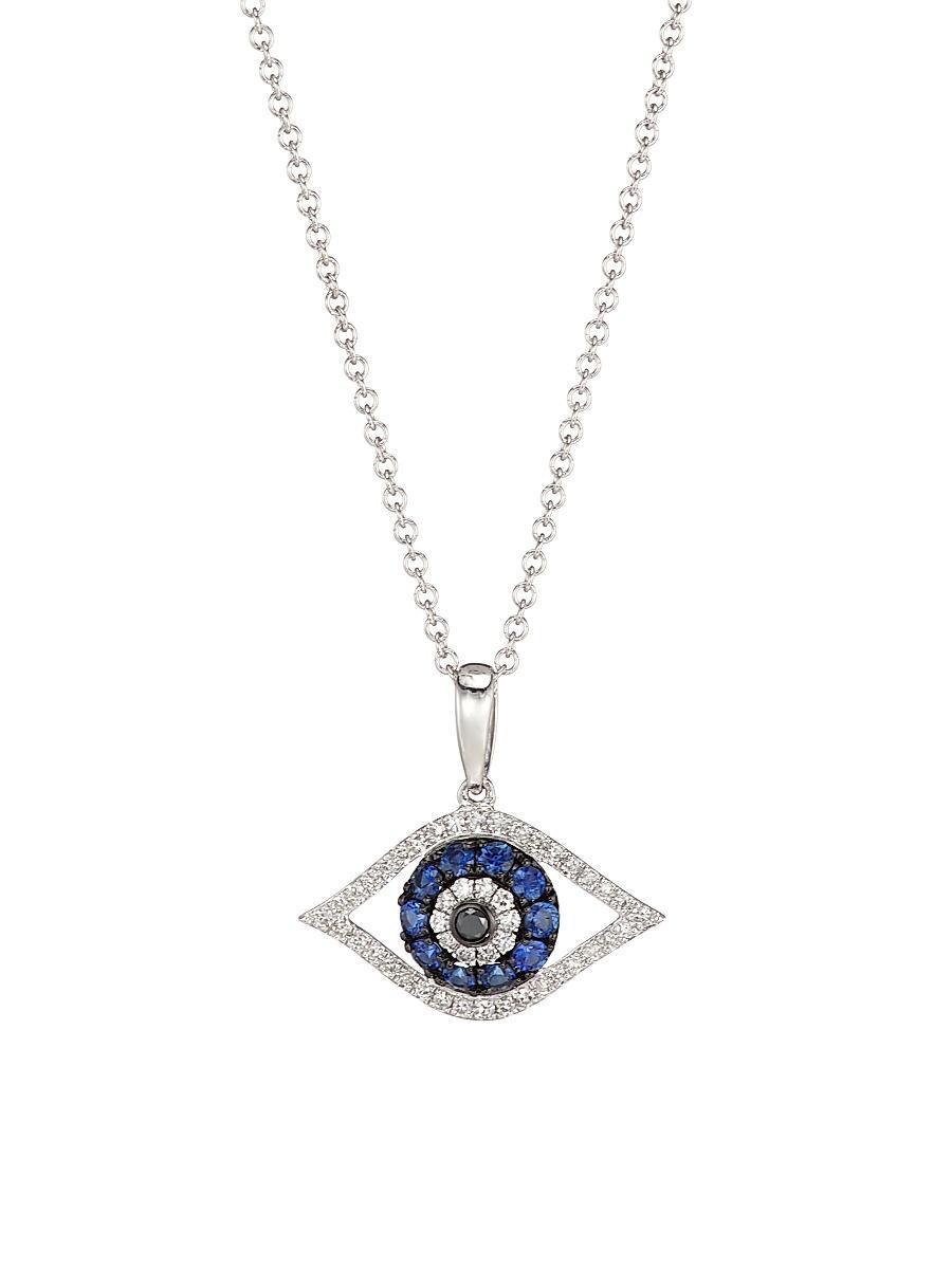 Diamond and Blue Sapphire Evil Eye Pendant Necklace in 14K White Gold, 18 Product Image