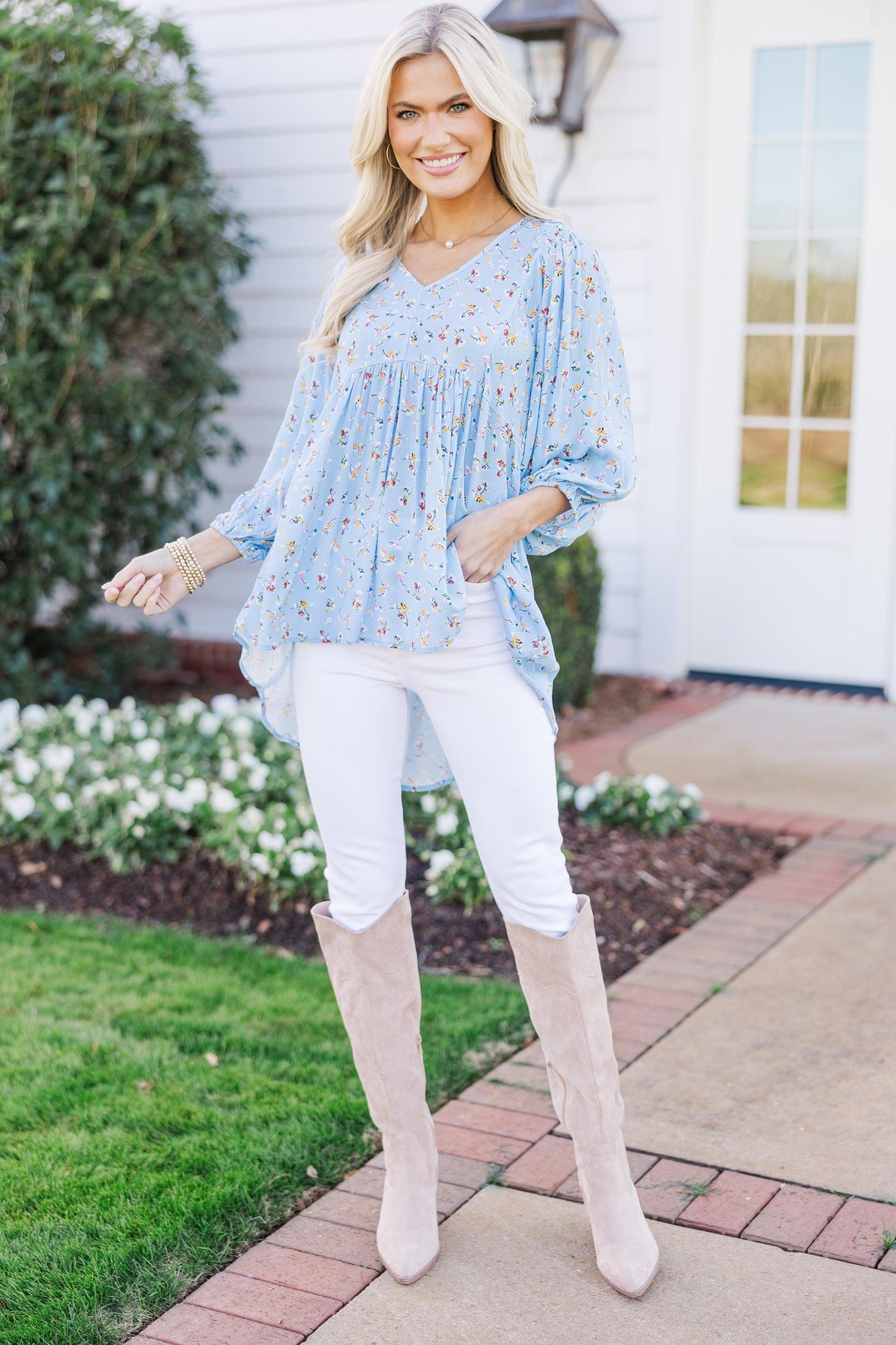 All So Nice Light Blue Ditsy Floral Tunic Female Product Image
