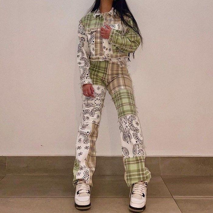 Plaid Panel Straight Leg Pants Product Image