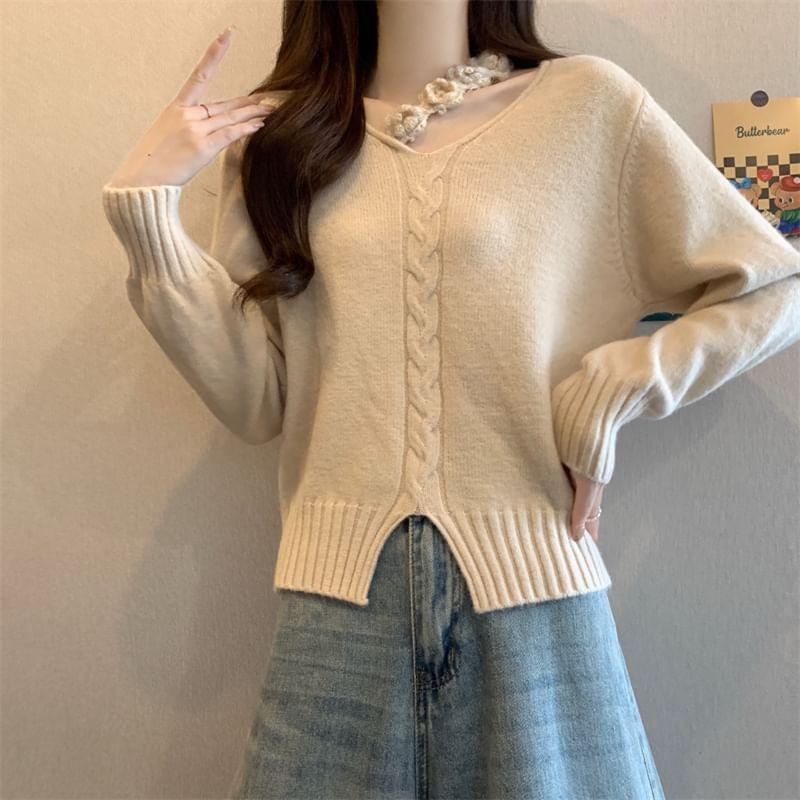V-Neck Plain Crochet Floral Slit Cable Knit Sweater Product Image