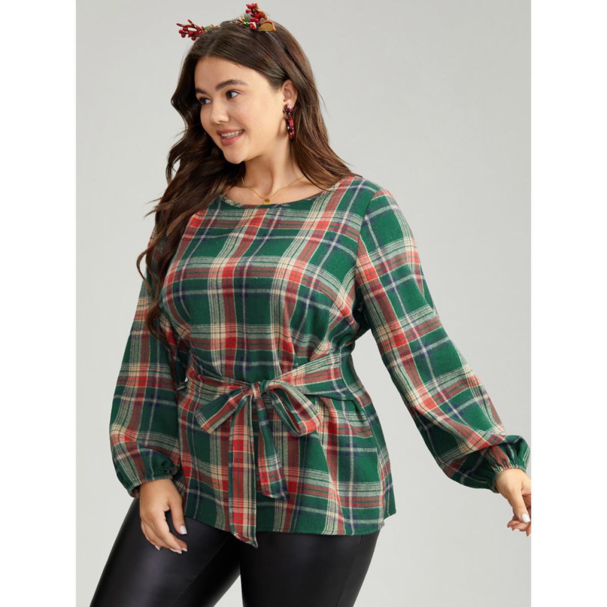 Plus Size DarkGreen Christmas Plaid Ties Lantern Sleeve Blouse Women Elegant Long Sleeve Round Neck Festival-Christmas Blouses BloomChic 10/M Product Image