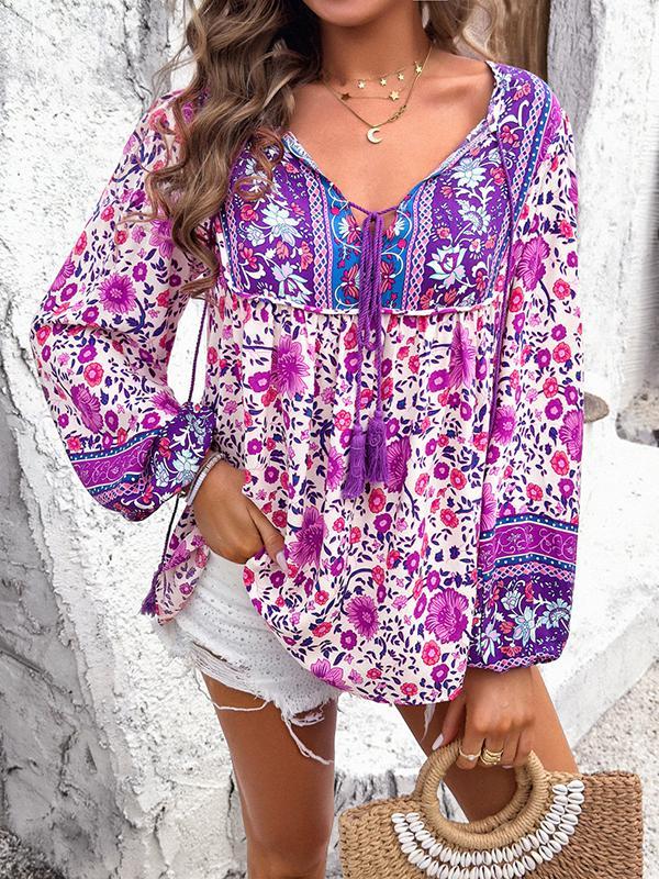 Long Sleeves Loose Contrast Color Elasticity Pleated Split-Joint Tied V-Neck Blouses&Shirts Tops Product Image