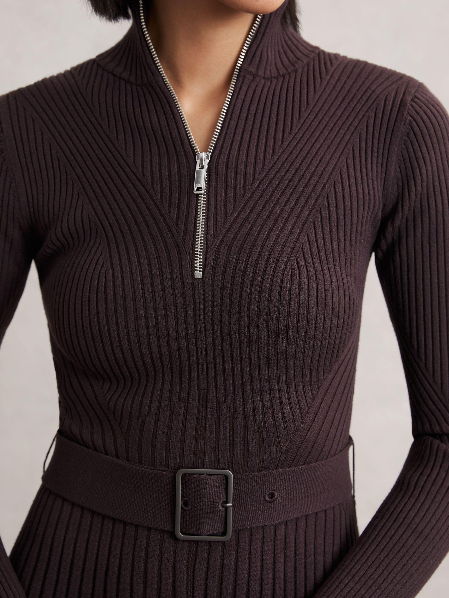Rib-Knit Belted Half-Zip Flippy Dress in Plum Purple Product Image