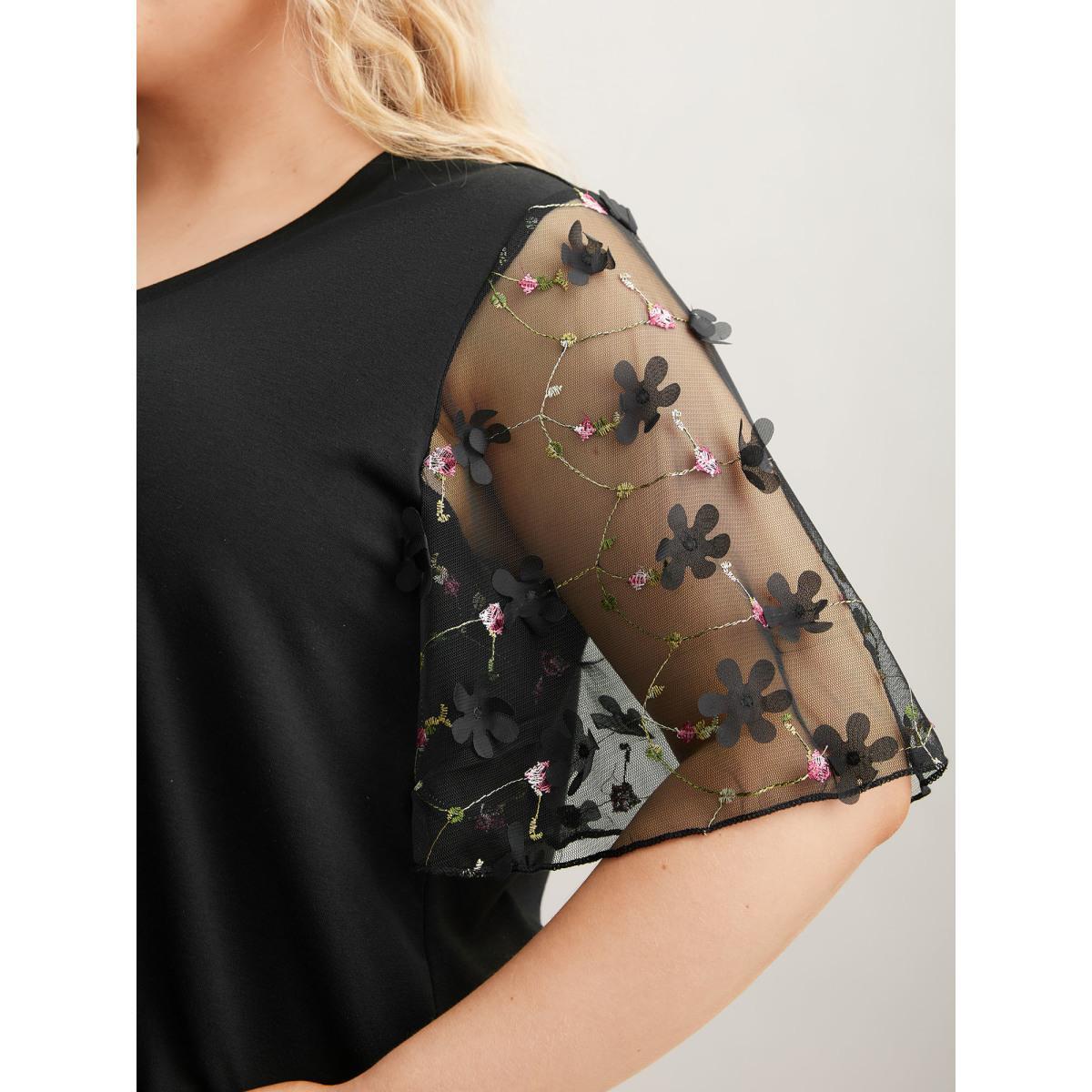 Plus Size Sheer Mesh Sleeve Stretchy T-Shirt Black Women Elegant See through V-neck Everyday T-shirts BloomChic 30/6X Product Image