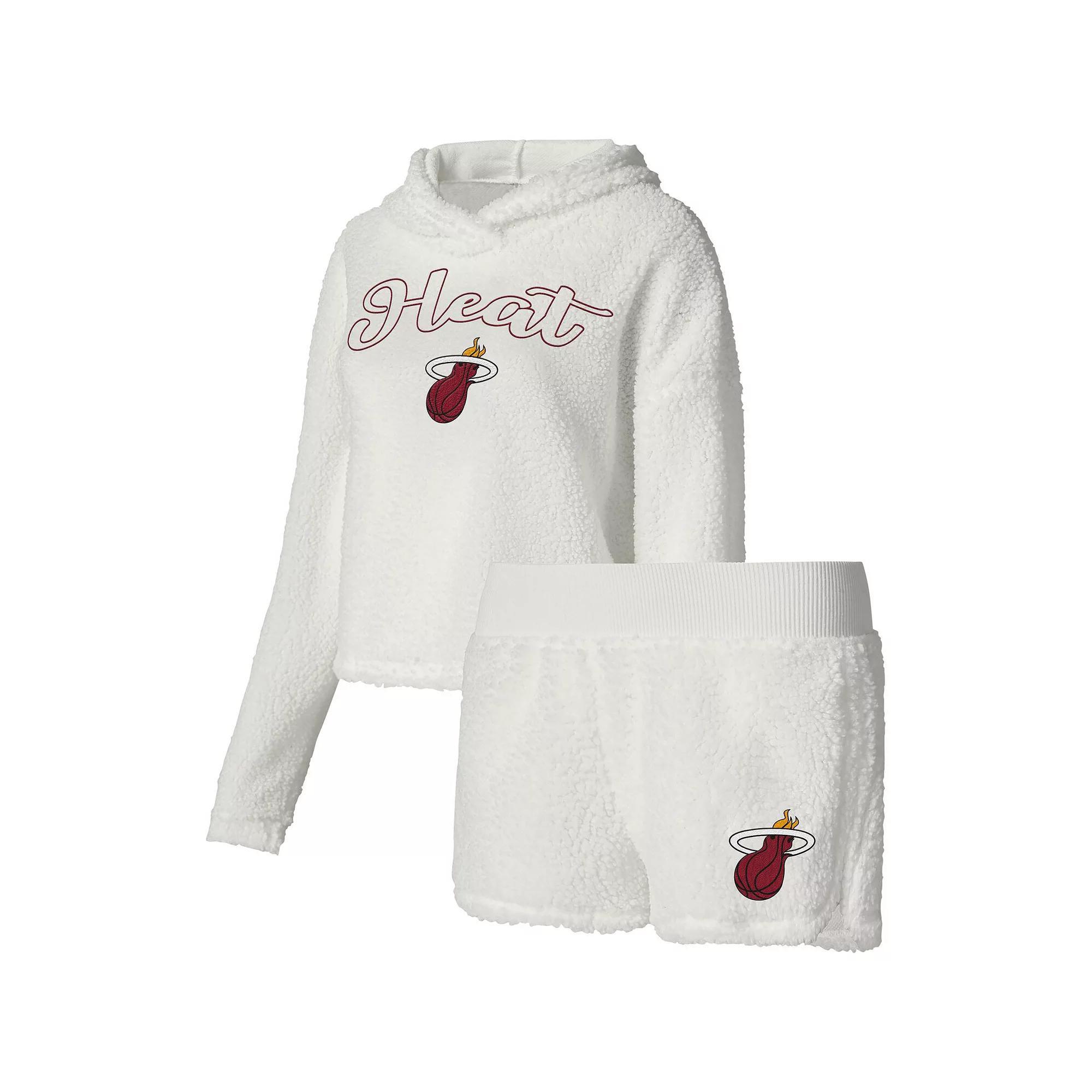 Women's College Concepts Cream Miami Heat Fluffy Long Sleeve Hoodie T-Shirt & Shorts Sleep Set, Size: 2XL, Beige Product Image