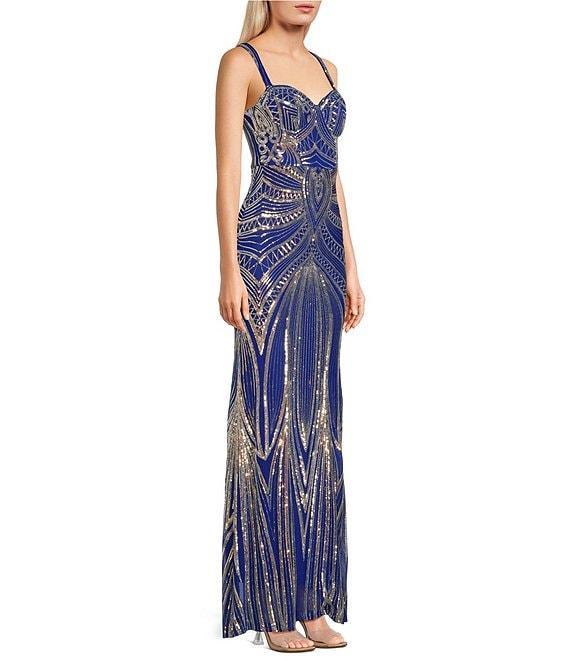 B. Darlin Sequin Patterned Sweetheart Neck Wide Strap Bustier Bodice Dress Product Image