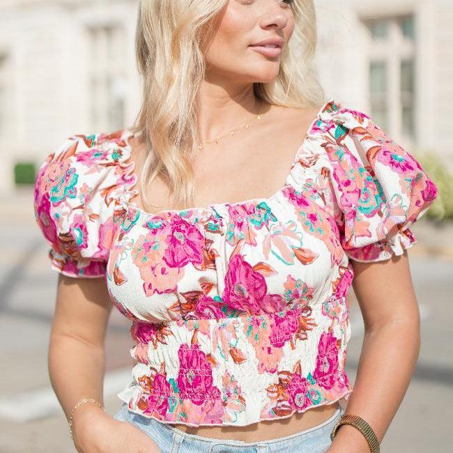 Makes Me Wonder Pink Multi Short Sleeve Smocked Waist Floral Top FINAL SALE Product Image