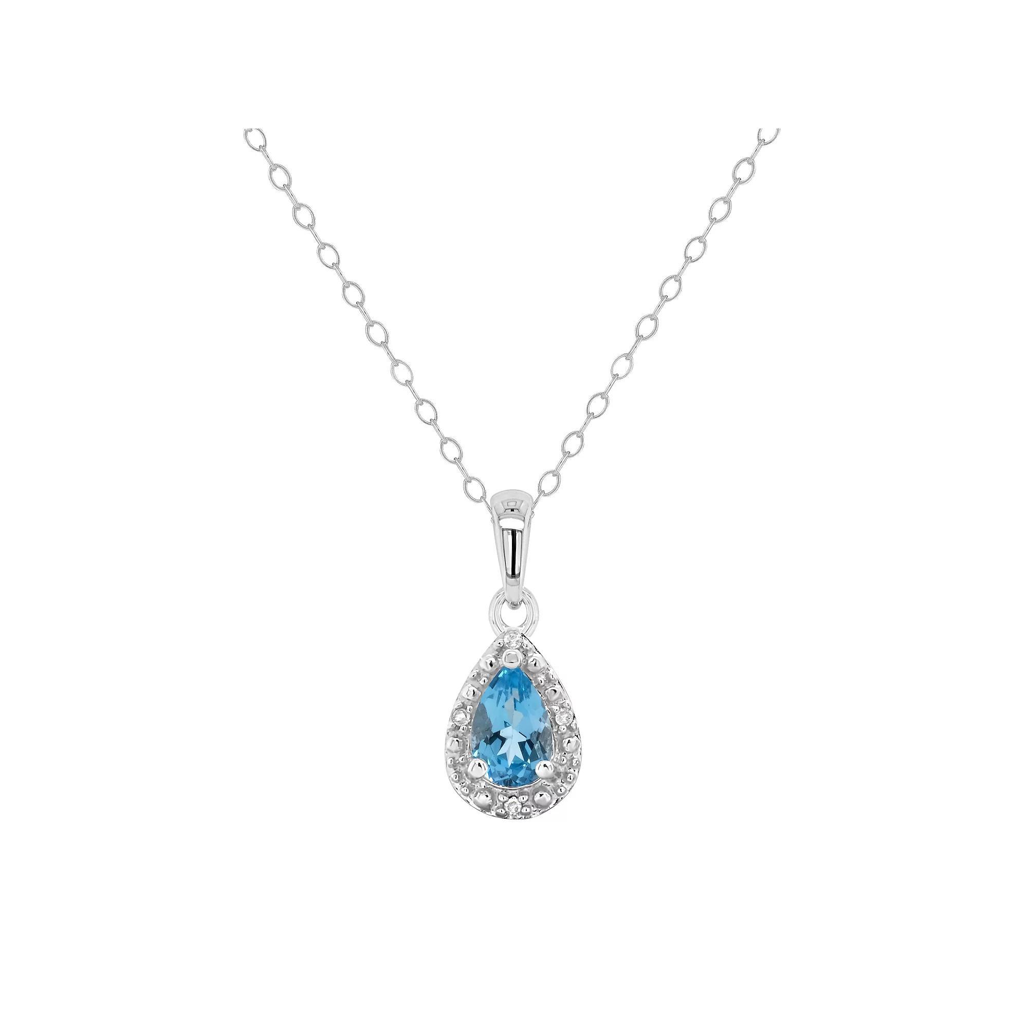 Celebration Gems Sterling Silver Pear Shaped Diamond Accent Frame Pendant Necklace, Womens Blue Topaz Product Image