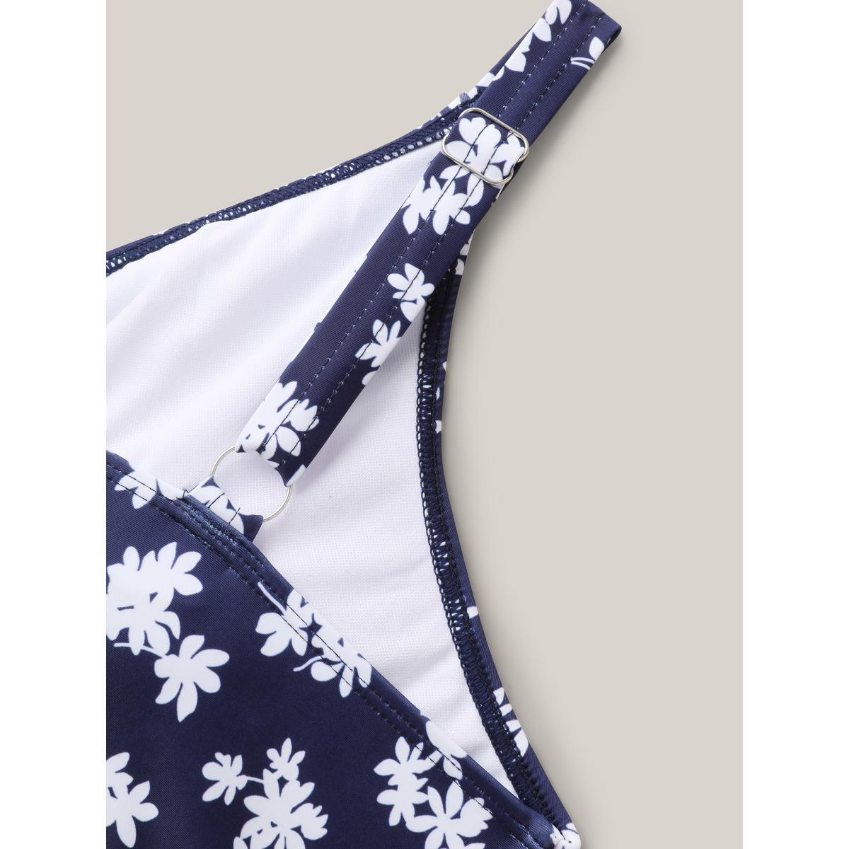 Plus Size Floral Print Mesh Fit Flare Swim Dress Women's Swimwear Indigo Beach Bodycon Overlap Collar High stretch Curve Swim Dresses BloomChic 28/5X Product Image