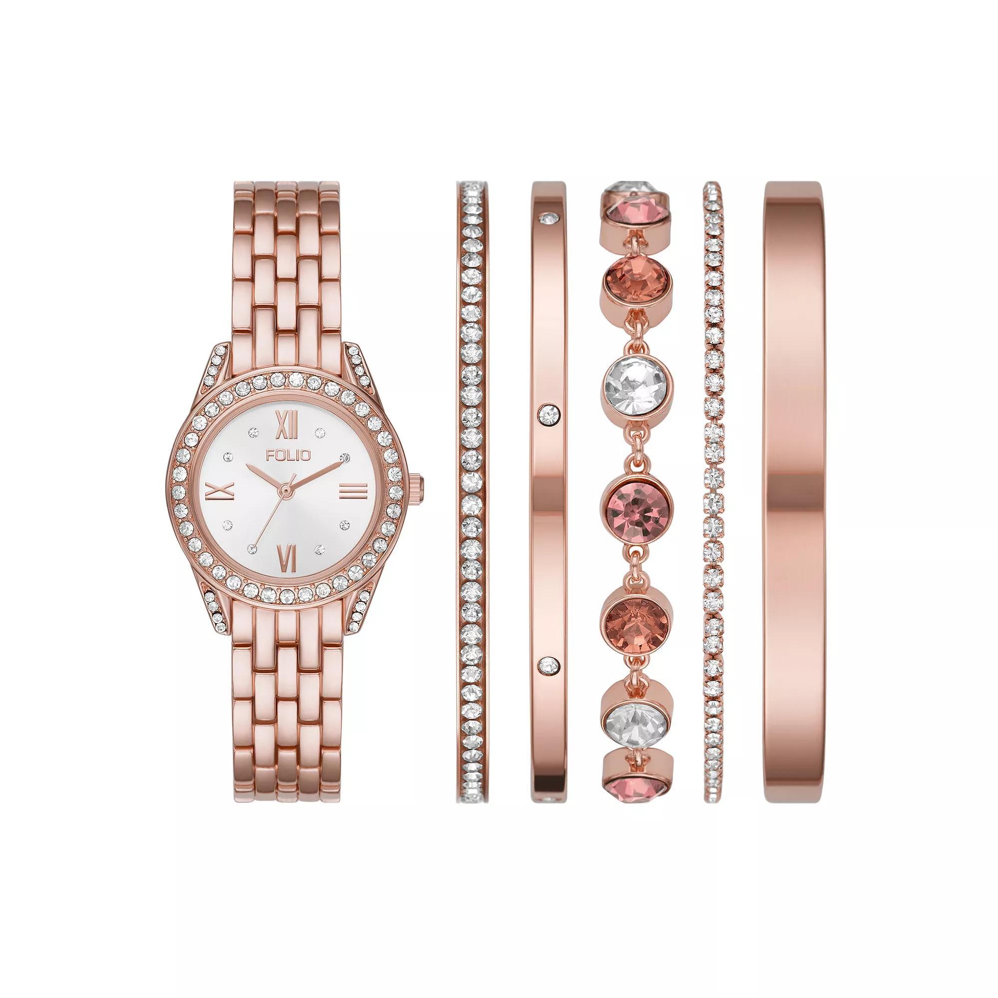 Folio Womens Rose Gold Tone with Silver Dial Watch & Stackable Bracelet Set Product Image