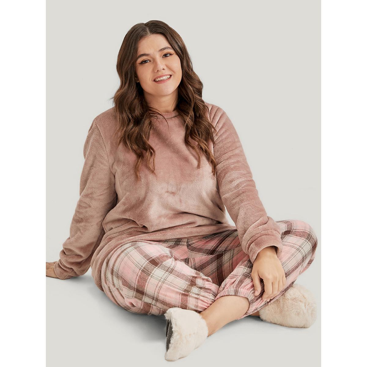 Plus Size Solid Flannel Round Neck Plaid Pajama Set Women Russet Plaid Elastic Waist Long Sleeve Round Neck Casual Loungewear Sets BloomChic 12/L Product Image