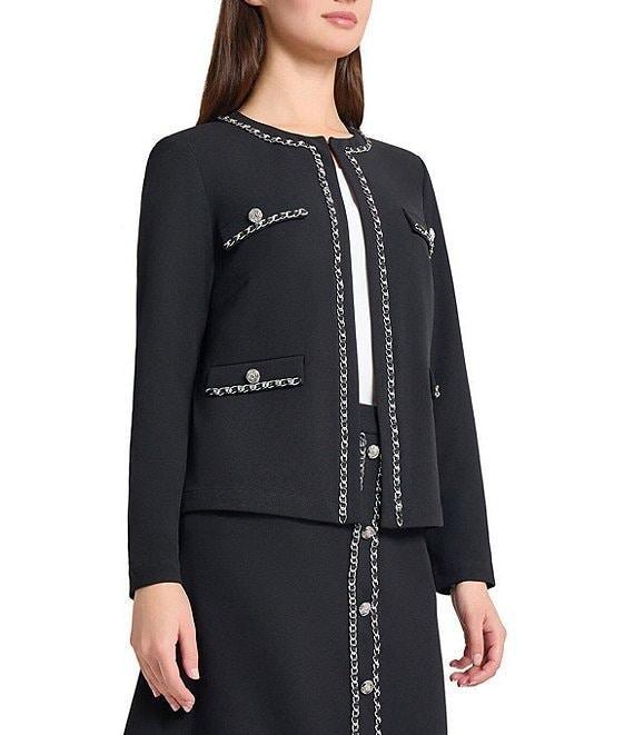 Ming Wang Stretch Deco Crepe Round Neck Long Sleeve Chain Trim Jacket Product Image