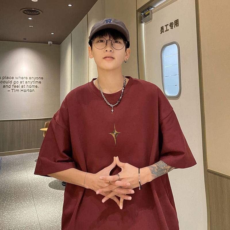 Elbow-Sleeve Crew Neck Star Print T-Shirt Product Image