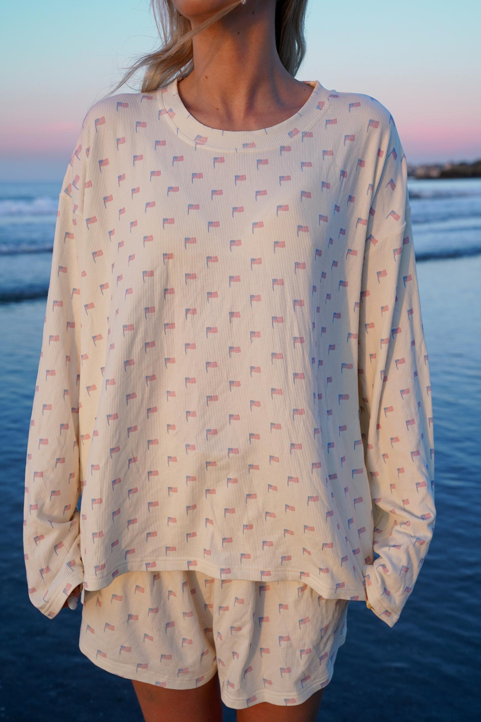 Pale Yellow American Flag Pajama Pattern Top Product Image