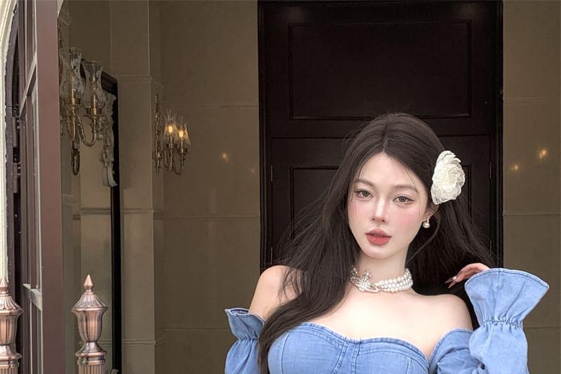 Long-Sleeve Off Shoulder Denim Crop Top Product Image