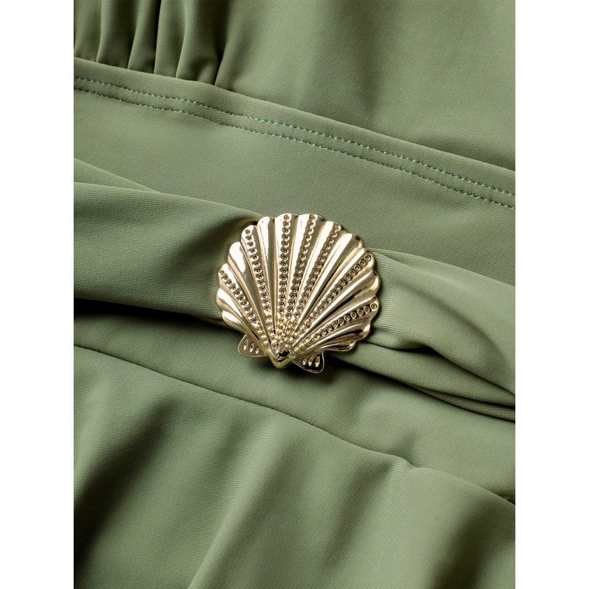 Plus Size Solid Tie Knot Metal Shell Detail Swim Dress Women's Swimwear Moss Beach Bodycon Overlap Collar High stretch Curve Swim Dresses BloomChic 22-24/3X Product Image