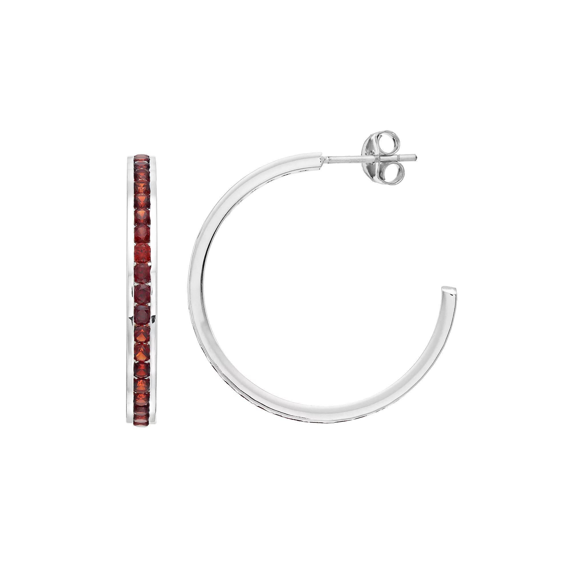 Traditions Jewelry Company Sterling Silver Channel-Set Garnet Birthstone Hoop Earrings, Womens Product Image