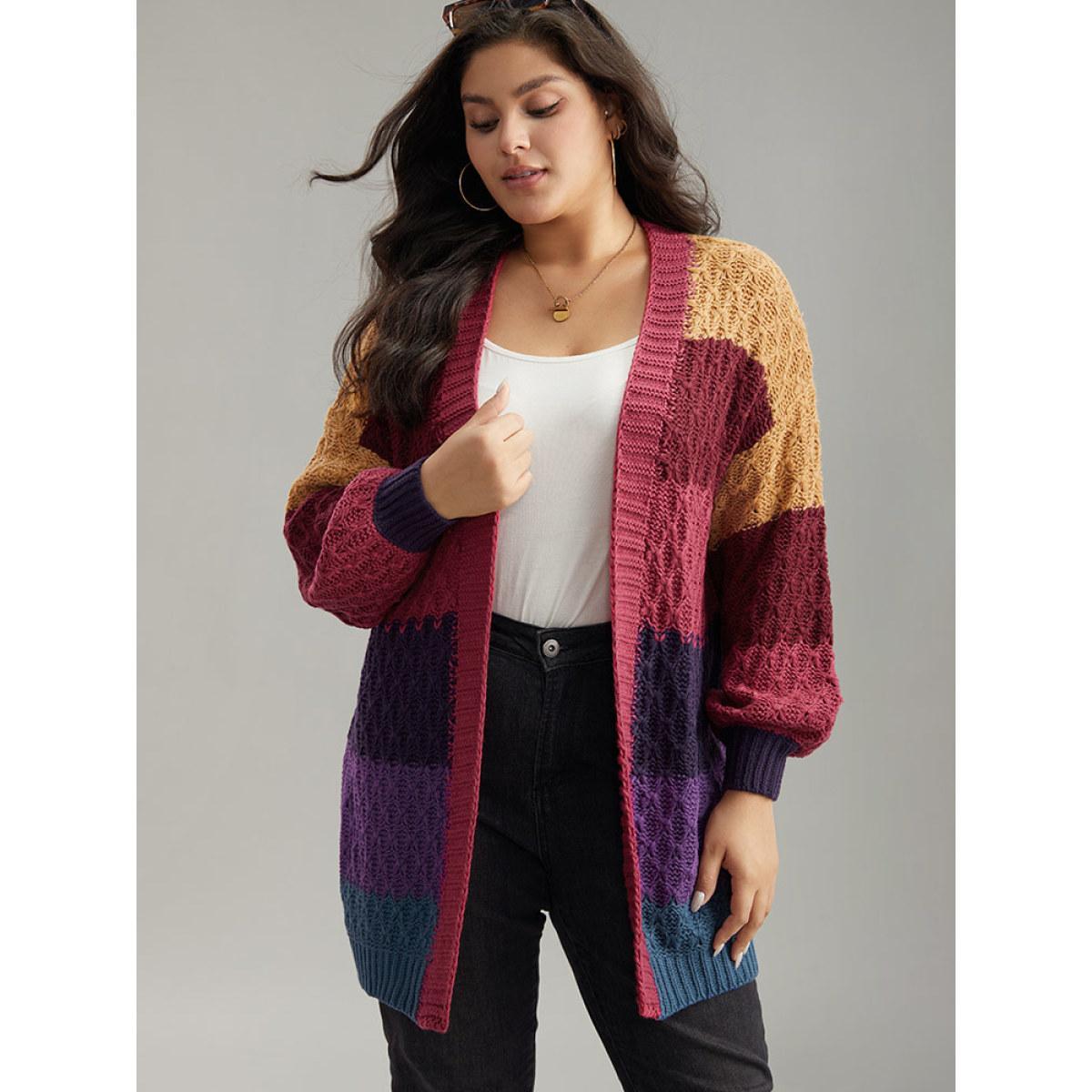 Plus Size Rainbow Colorblock Lantern Sleeve Cardigan Multicolor Women Casual Loose Long Sleeve Dailywear Cardigans BloomChic 12/L Product Image